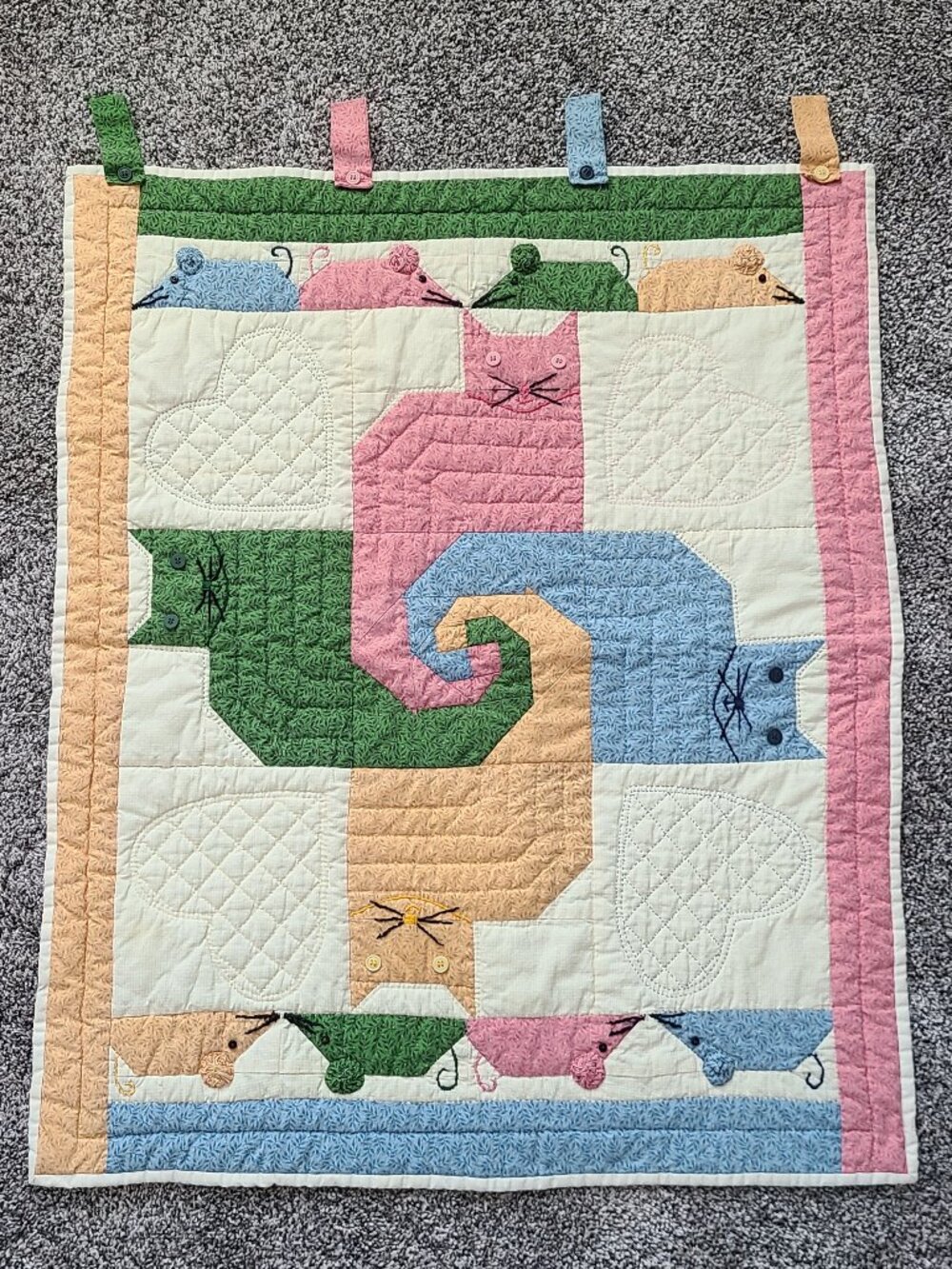 Vintage Handstitched Quilt Wall Hanging Cats Mice tails intertwined